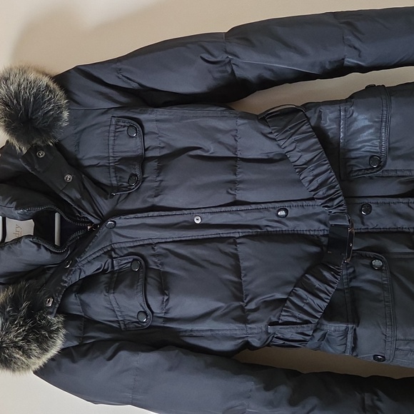 Laundry By Shelli Segal Dark Puffer Coat with Fur Trim - Picture 3 of 5